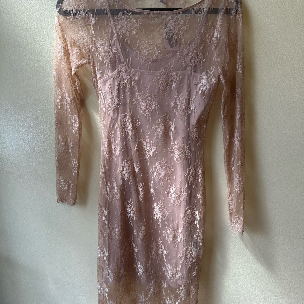 Forever 21 NWT Sheer Lace Long Sleeve Dress with Under Dress in Nude